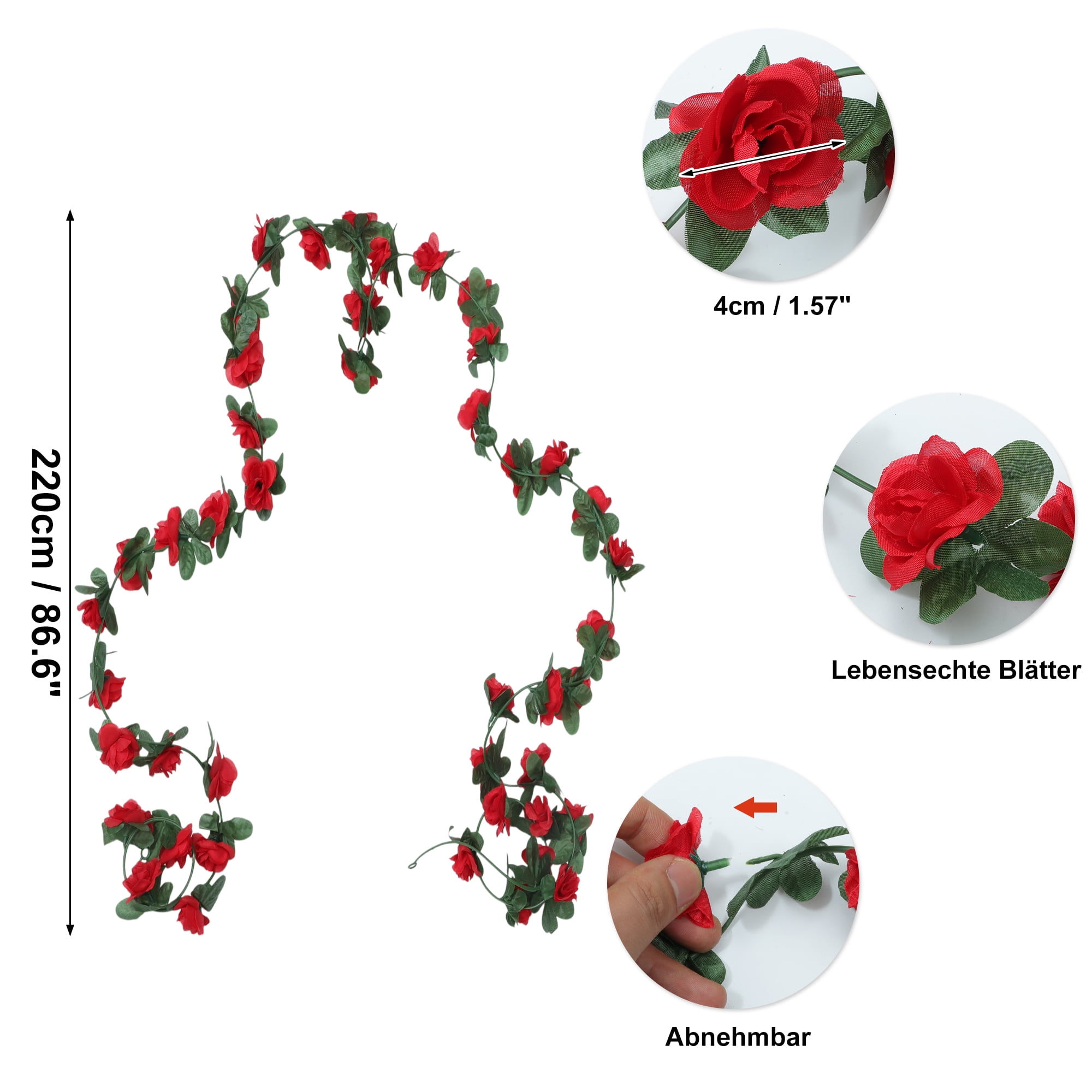 Unique Bargains 4pcs Artificial Flowers Hanging Vine 86.61" Plastic Garland Red