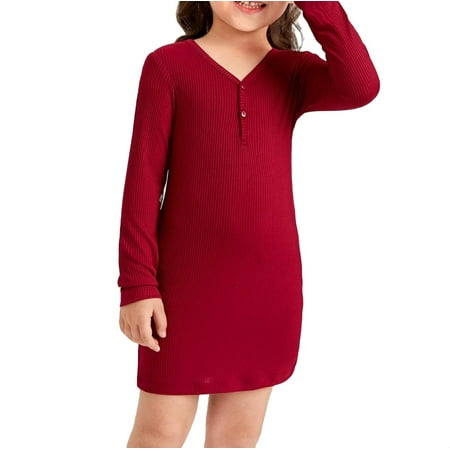 

Casual Plain V neck Fitted Long Sleeve Burgundy Toddler Girls Dresses (Girl s)