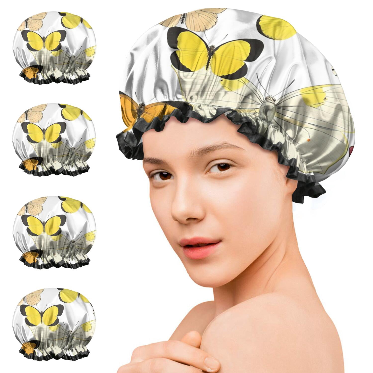 Shower Caps,Yellow Butterfly Pattern Waterproof Shower Cap for Women 4 Pieces,Double Reusable Hair Cover for Shower PEVA Elastic Stretch Hem