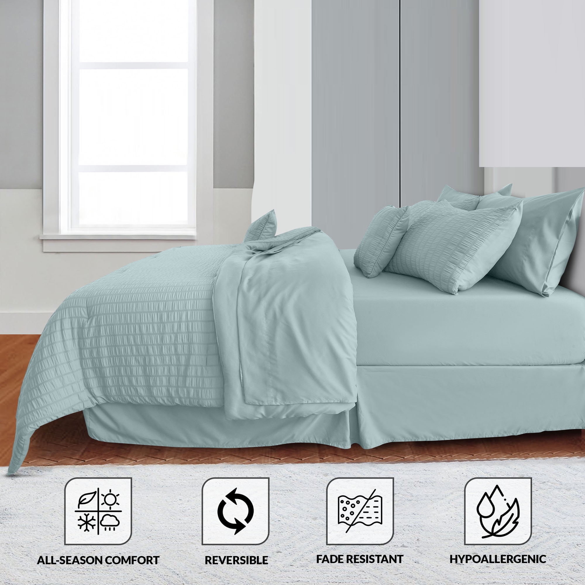 Lux Decor Collection King Seersucker Bedding Comforter Set – All-Season 10 Pieces Bed in a Bag Includes Comforter, Sheets, Pillow Shams, Bed Skirt & Decorative Pillows for Ultimate Comfort, Aqua Blue