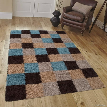 Mocha Rum - Allstar Contemporary Mocha High Pile Posh Shaggy Checkered Area Rug (5' 0