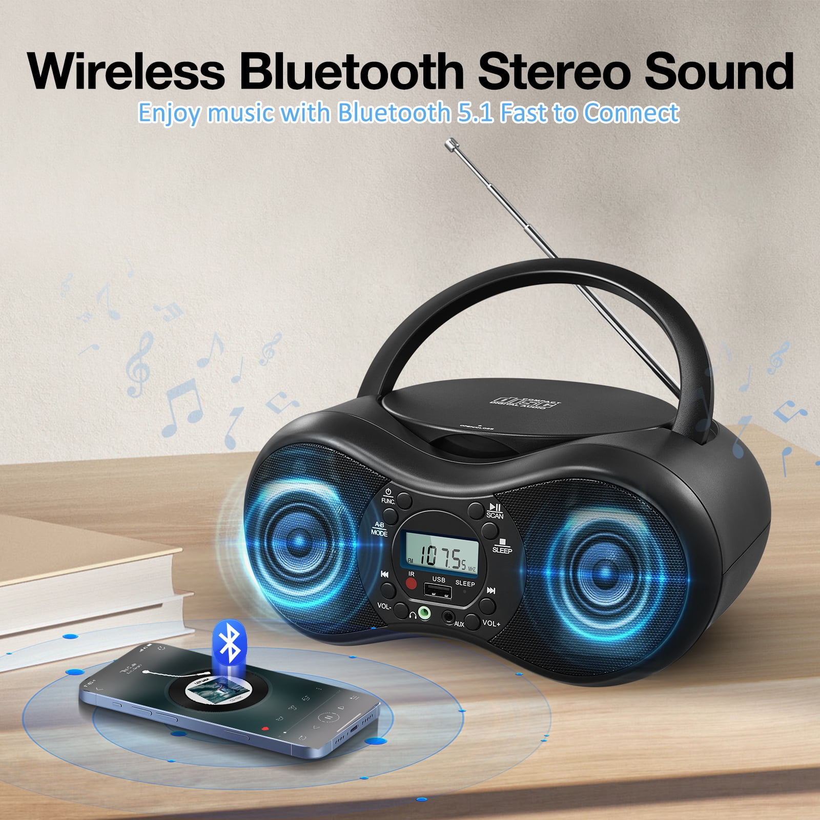 Portable CD Player Boombox with FM Radio, Bluetooth, and USB Port ,Stereo Sound with Remote Control,CD-R/RW and MP3 CDs Compatible,3.5mm Aux Input and Headphone Jack.