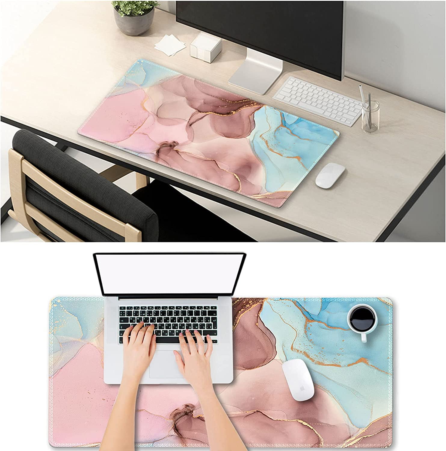 ARTSO Extended Gaming Mouse Pad XXL Large Keyboard Mat Long Mousepad Desk Decor Writing Pad Non Slip Rubber Base Stitched Edges for Work, Game, Office, Home, 35.1" x 15.7" , Dreamy Marble