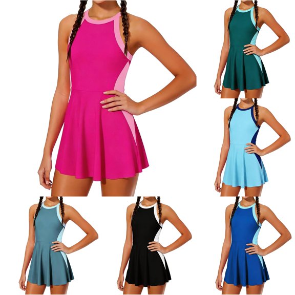 CUZIBR Girls Swimsuits One Piece Sleeveless Round Neck Color Block Swim Dress Bathing Suit Adjustable Strap Backless Fashionable Summer Quick Dry Beach Swimwear,Hot Pink,15-16 Years