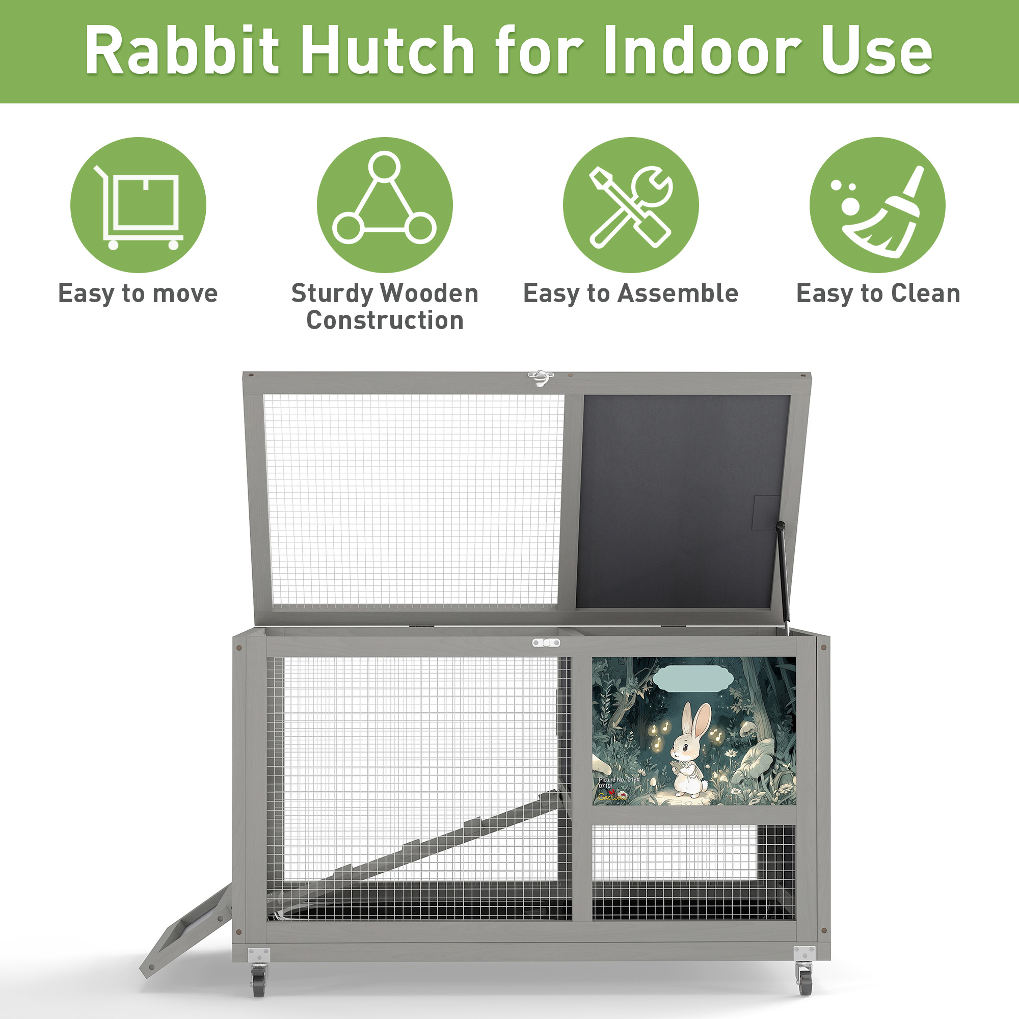 Fashion Wooden 36Inches Rabbit Hutch Outdoor with wheels Bunny Cage Indoor&Pull Out Tray, Openable Roof