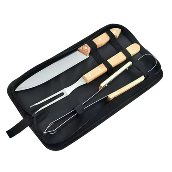 Heavy-Duty Stainless Steel BBQ Grill Tool Set, 3-Piece Knife, Fork, Tongs, with Carry Bag, Rose Wooden Handles, Silver, BFLU24