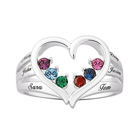 Personalized Sterling Silver or Gold Over Sterling Mother's Birthstone Heart and Family Name Ring