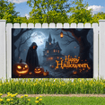 thumbnail image 4 of Spooky Design Halloween Banner Glowing Signs Halloween Background Creepy House Jack O Lantern for Holiday Party Nighttime Celebration Outdoor Decor, 4 of 9