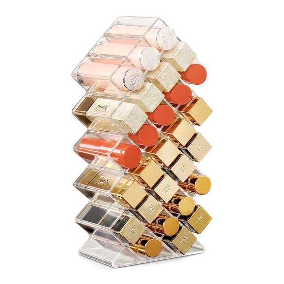 28-Slot Acrylic Lipstick Organizer, Stackable Tower Holder for Lip Gloss, Cosmetic Storage Display for Vanity Countertop