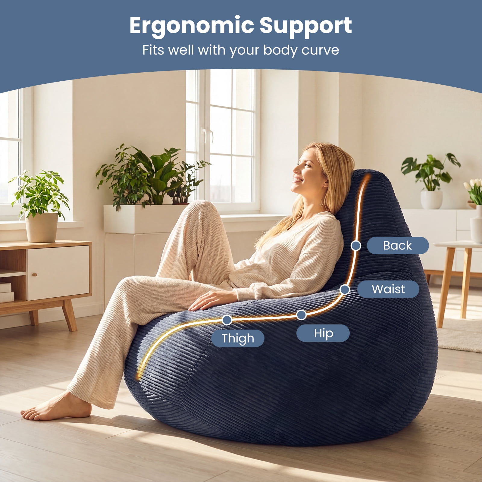 Costway Bean Bag Chair for Adults with Skin-friendly Corduroy Cover & Soft Sponge Filling Blue