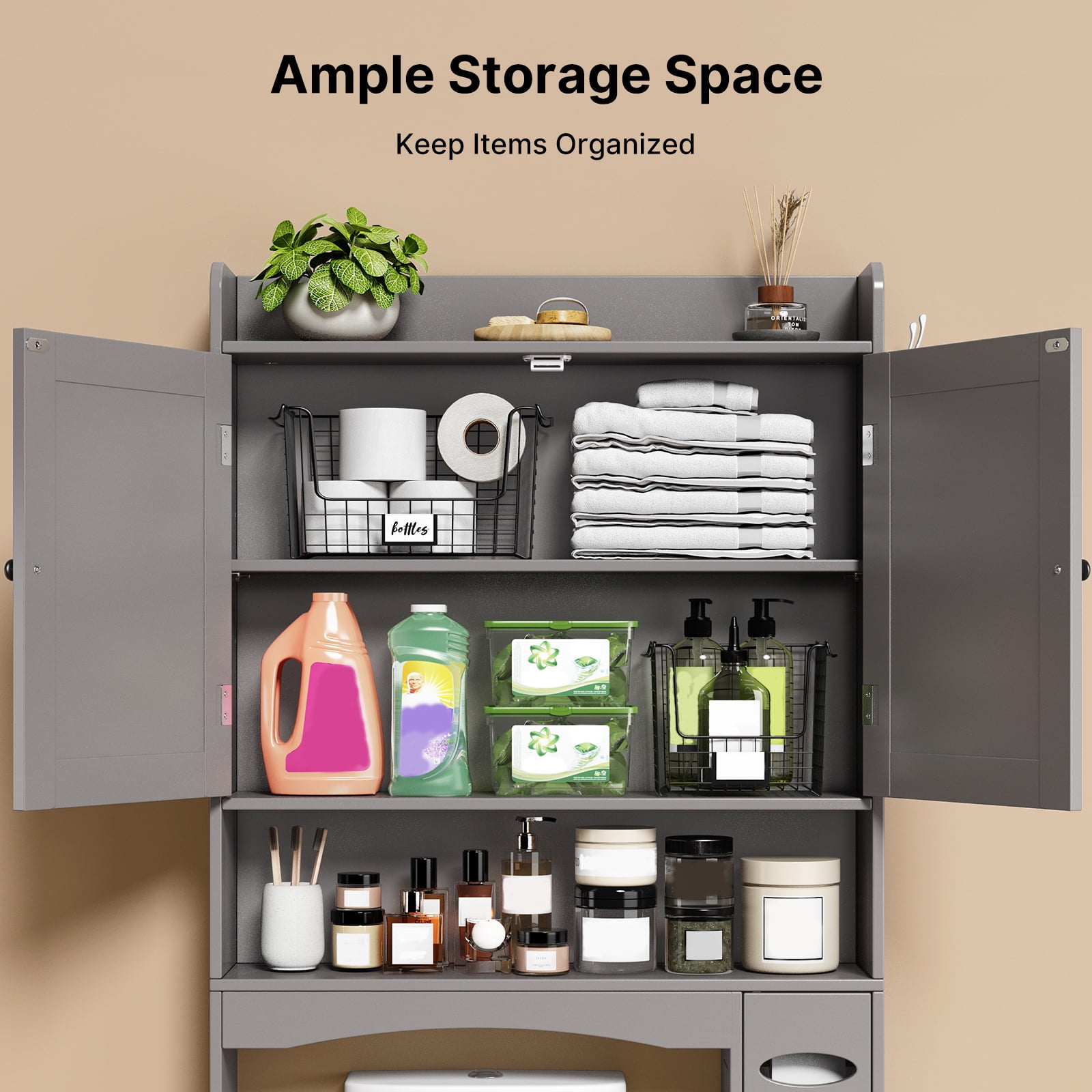 Noelse  Over the Toilet Storage Cabinet, Over Toilet Bathroom Organizer with 2 Doors, Adjustable Shelves, Toilet Paper Holder, 2 Side Hooks, Space-Saver for Bathroom, Laundry, Gray