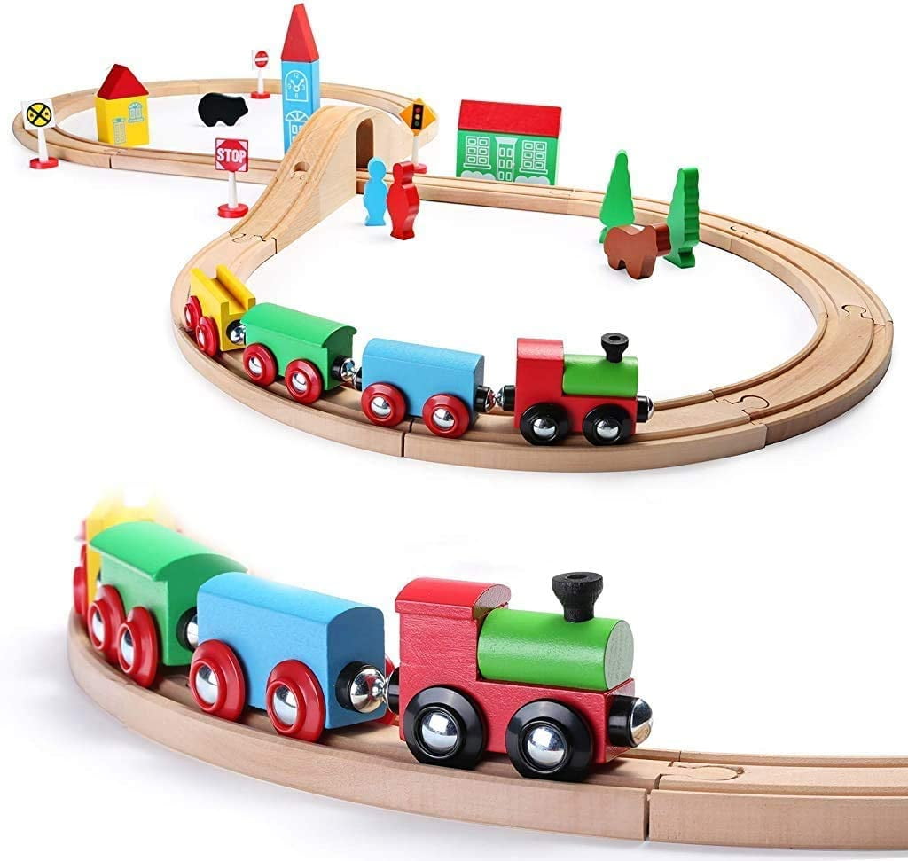 Play22 Wooden Train Tracks Car Train Toys is Compatible with Thomas Wooden Railway Systems and All Major Brands Original 6012 52 PCS Wooden Train Set Train Sets for Kids 2 Bonus Toy Trains