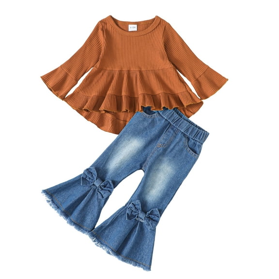 12 Months Baby Girls Clothes 18 Months Girls 2PCS Fall Winter Denim Outfits Set Toddler Girls Long Sleeve Irregular Top Denim Pants Set Brown