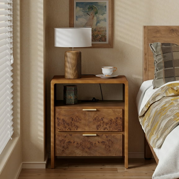 COZAYH Farmhouse Nightstand with Charging Station, Wood Side Table with Power Outlet and USB & Type C Ports, Burl Finish Bedside Table for Bedroom, Fully Assembled, Rustic, Brown
