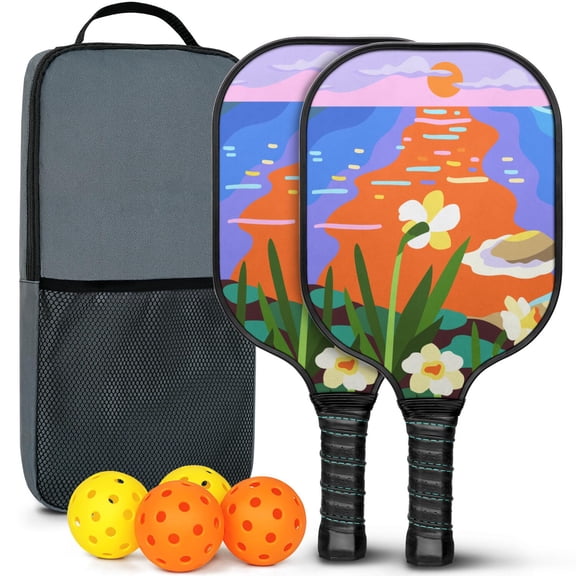 Pickleball Paddles Set Of 2, Fiberglass Surface, Vintage Floral Print, 4 Balls & Bag