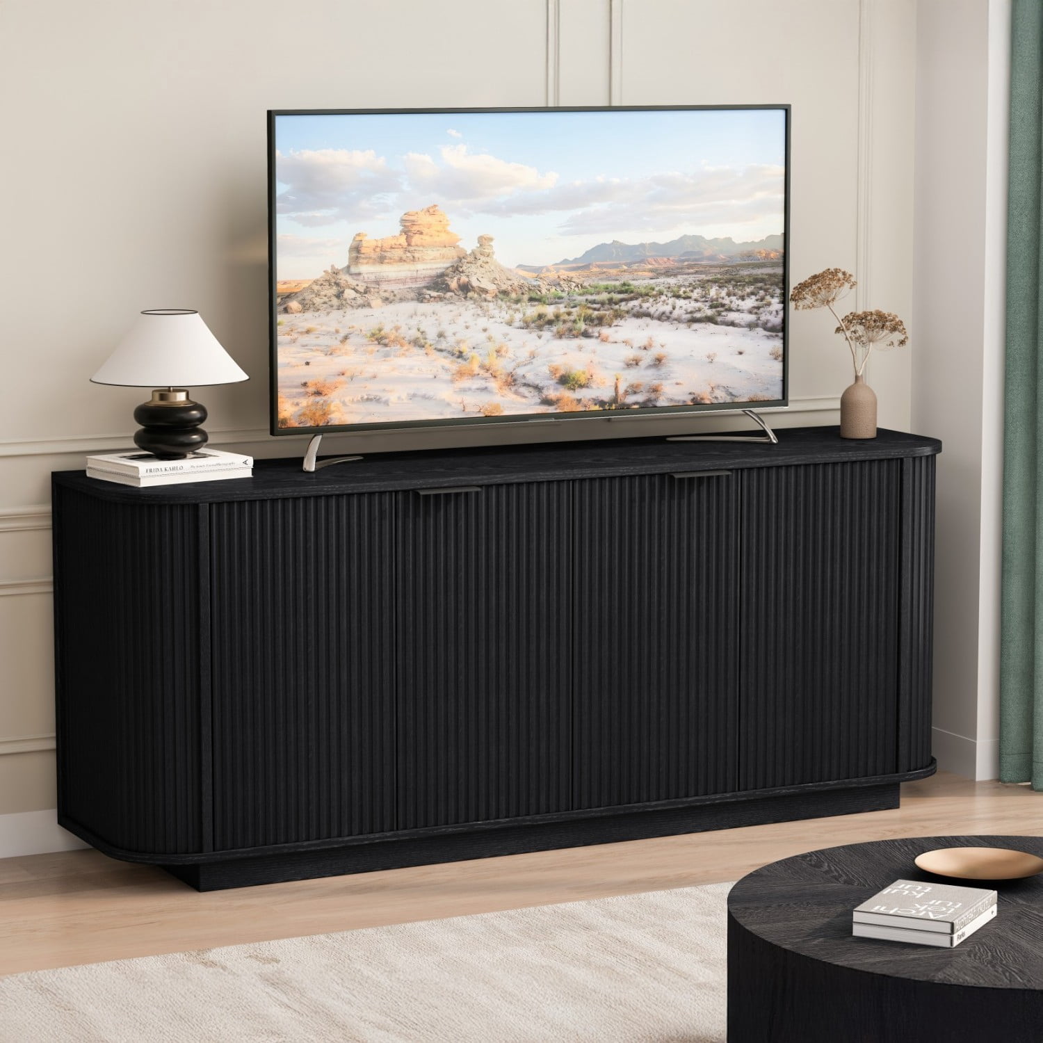 63" Wavy Storage Sideboard Cabinet Double Door Buffet Cabinet with Adjustable Shelves, Modern Accent Storage Cabinet for Kitchen Dining Room Living Room Hallway, Black