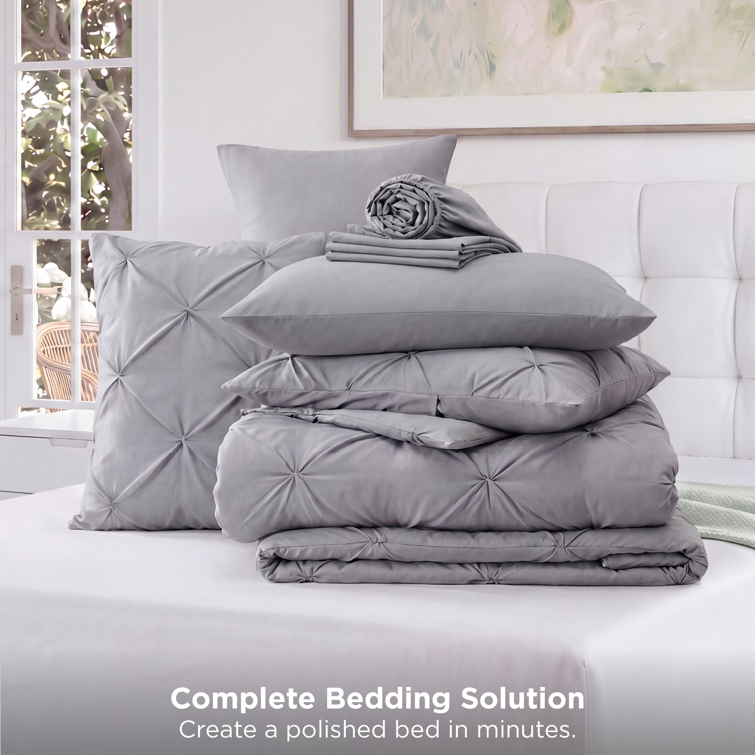 U by Bedsure Queen Comforter Set, 7-Piece, Gray Pinch Pleat photo 7