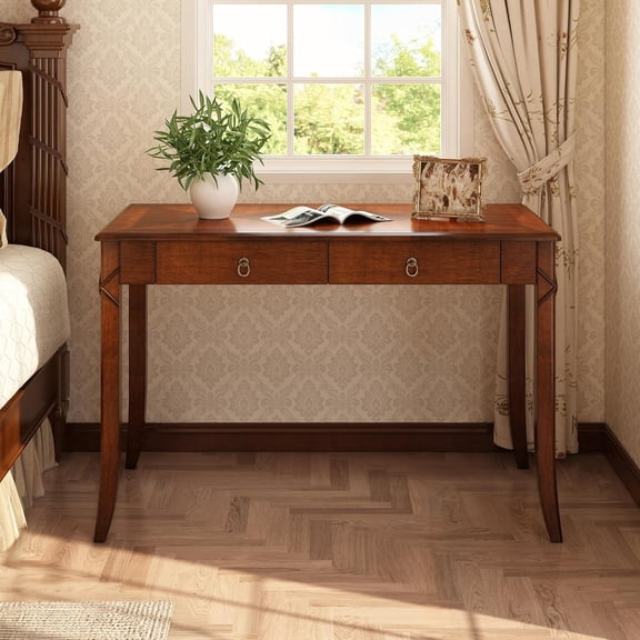 Solid Wood Computer Writing Desk with 2 Big Drawers, 46.06" Wide Home Office Desk Workstation with Hourglass Shape Tabletop Big Rustic Study Table in Cherry Brown, BSZ-DR200