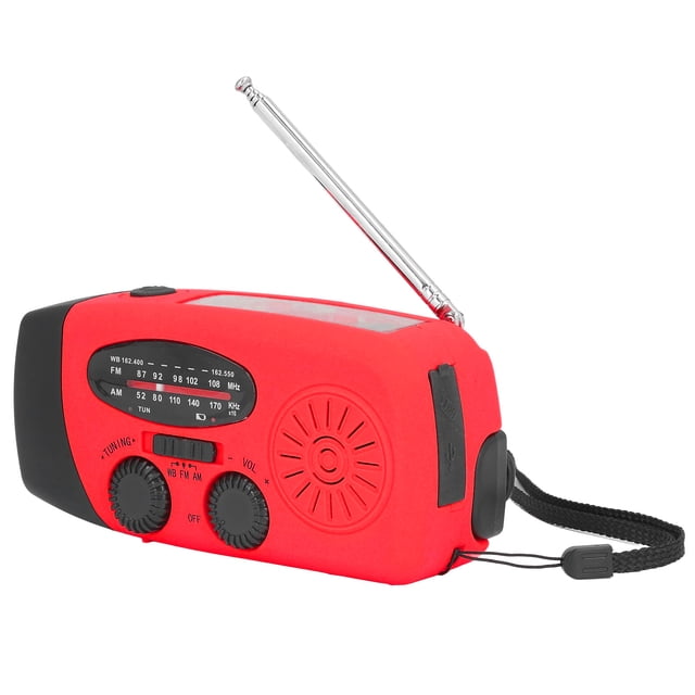 Radio Solaire à Manivelle avec Lampe de Poche LED Portable FM AM WB USB Radio pour Prévention des Catastrophes d'Urgence Rouge Américain