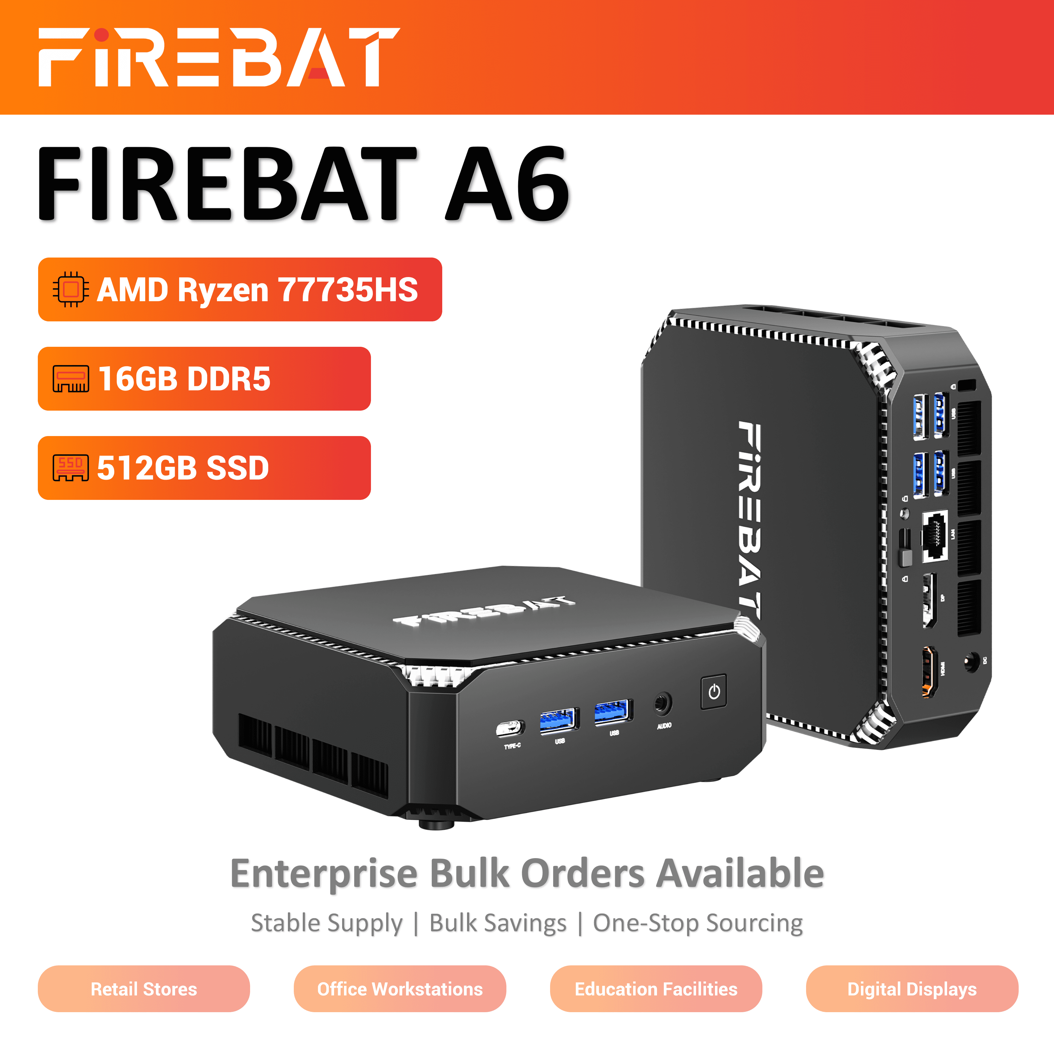 FIREBAT AM02 Slim Mini PC, AMD Ryzen5 6600H, 16GB, 512GB SSD