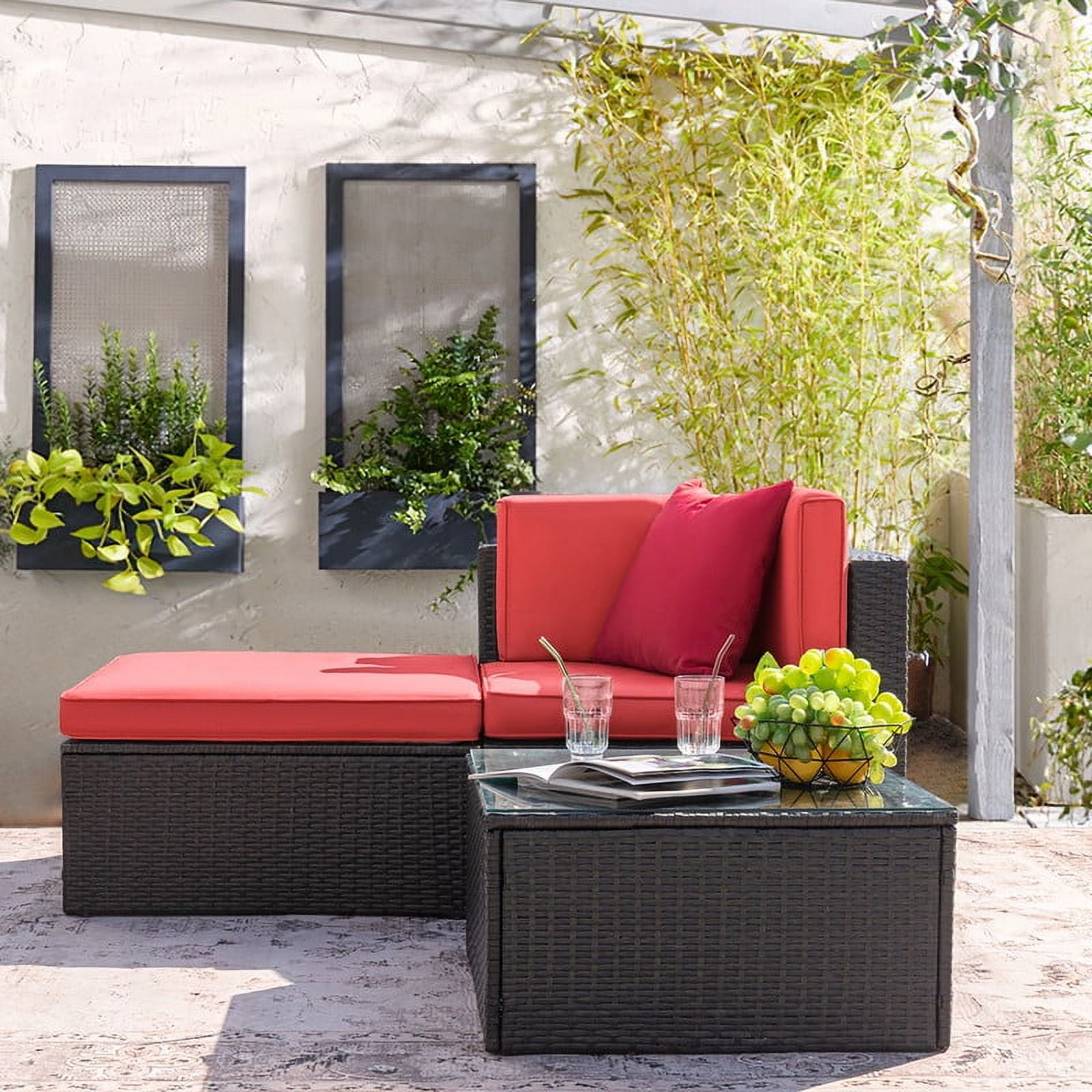 Devoko Outdoor Sectional Sofa PE Rattan Patio Furniture Sets with Cushions and Table,Red
