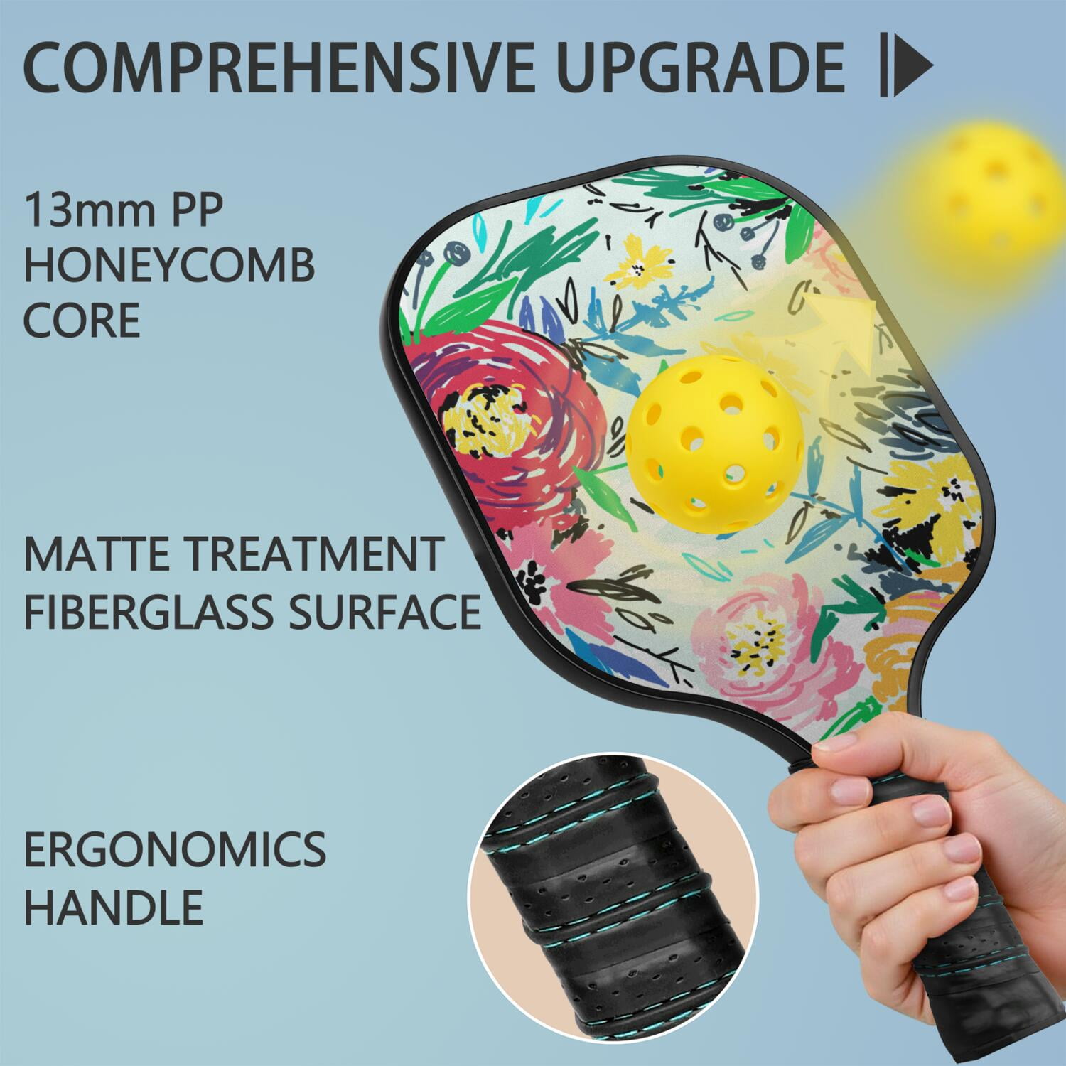 Pickleball Paddles Set Of 1, Fiberglass Surface, Vintage Floral Print, 1 Paddle, 2 Balls & Bag