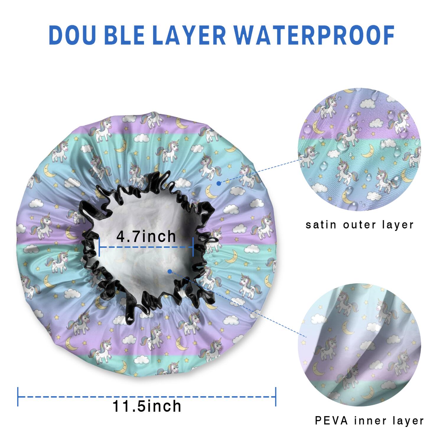 Shower Caps,Striped Cartoon Unicorn Moon Star Cloud Pattern Waterproof Shower Cap for Women 4 Pieces,Double Reusable Hair Cover for Shower PEVA Elastic Stretch Hem