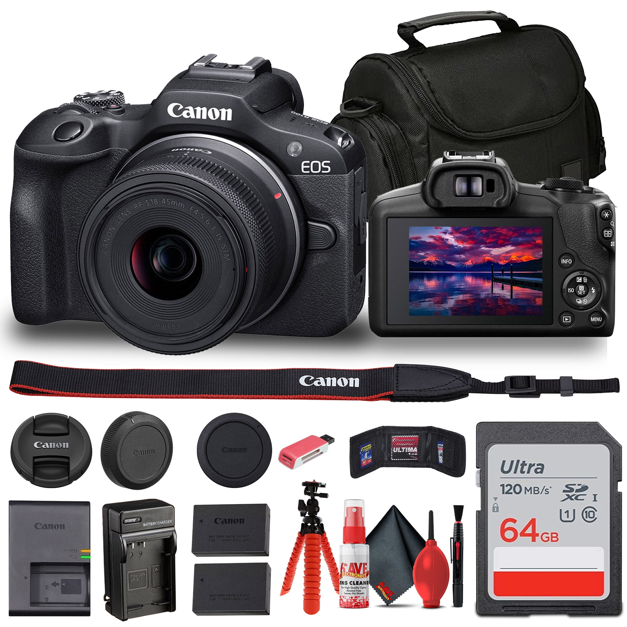 Canon EOS R100 Mirrorless Camera with 18-45mm Lens New (6052C012) + Bag + 64GB Card + LPE17 Battery + Much More(International Model)