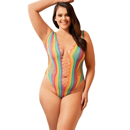 

ohyeahlady Women Fishnet Bodysuit Lingerie Rainbow Sexy Bodystocking Plus Size Party Cover up Beach Wear xs-m