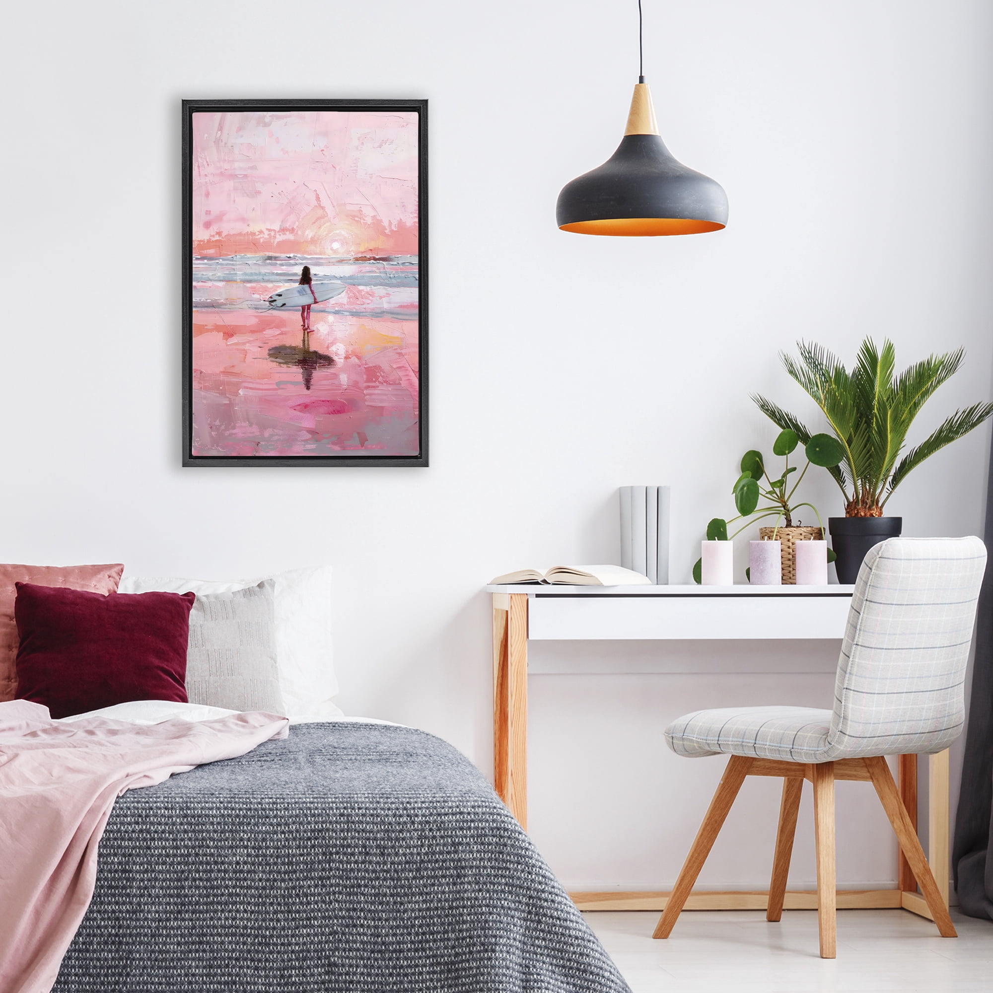 Stupell Industries Surfer at Pink Sunset Black Framed Floater Canvas Wall Art, design by Creative Studio