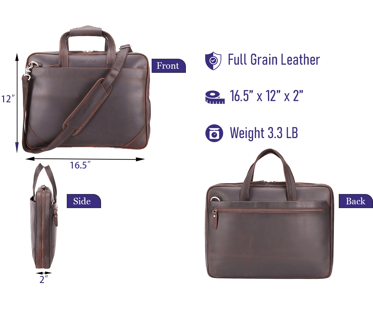 STAR VISTA Vittorio Slim Laptop Messenger Bag, Full Grain Leather Briefcase for Men, Dark Brown, Fits 15.6" Laptop, YKK Zippers and Brass Hardware