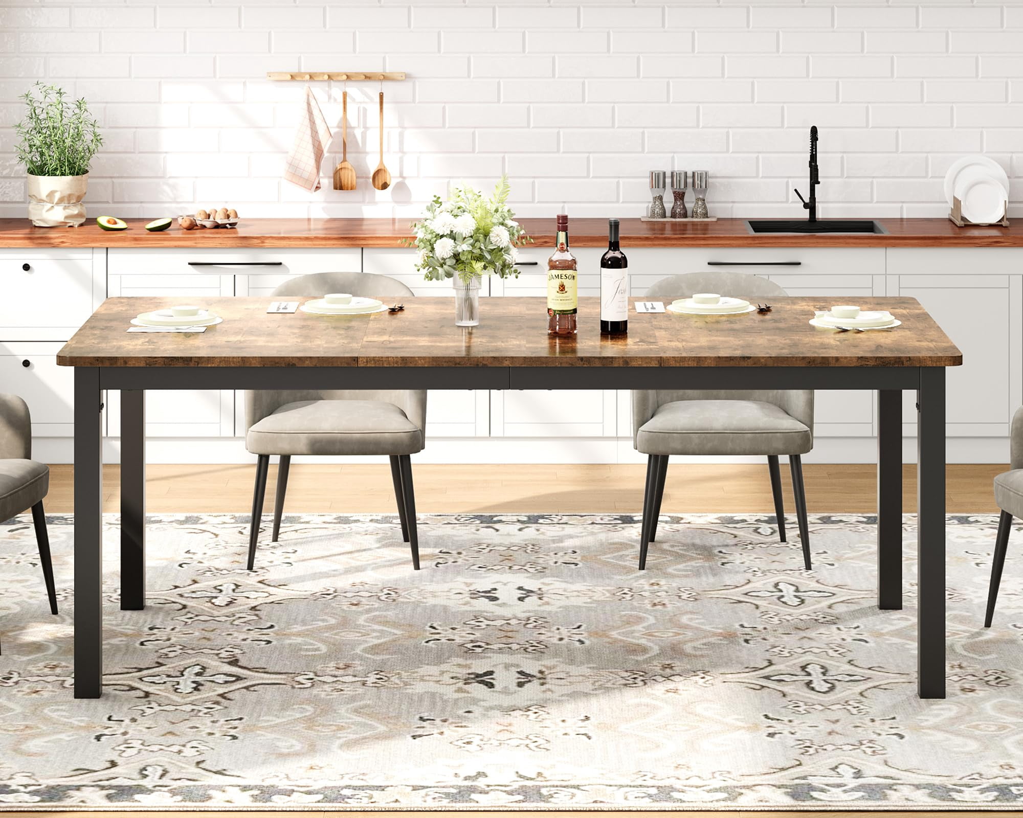 Accreate Versatile Industrial Dining Table, Large Rectangle Table with Sturdy Metal Legs, Elegant Round Corners, Waterproof Surface for Kitchen, Conference Room, or Workspace