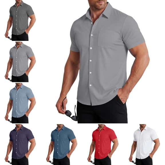 Button Down Shirts for Men Stylish Short Sleeve Collared Dress T Shirts Summer Casual Quick-Dry Regular Fit Wedding Prom Tees Light Gray XL