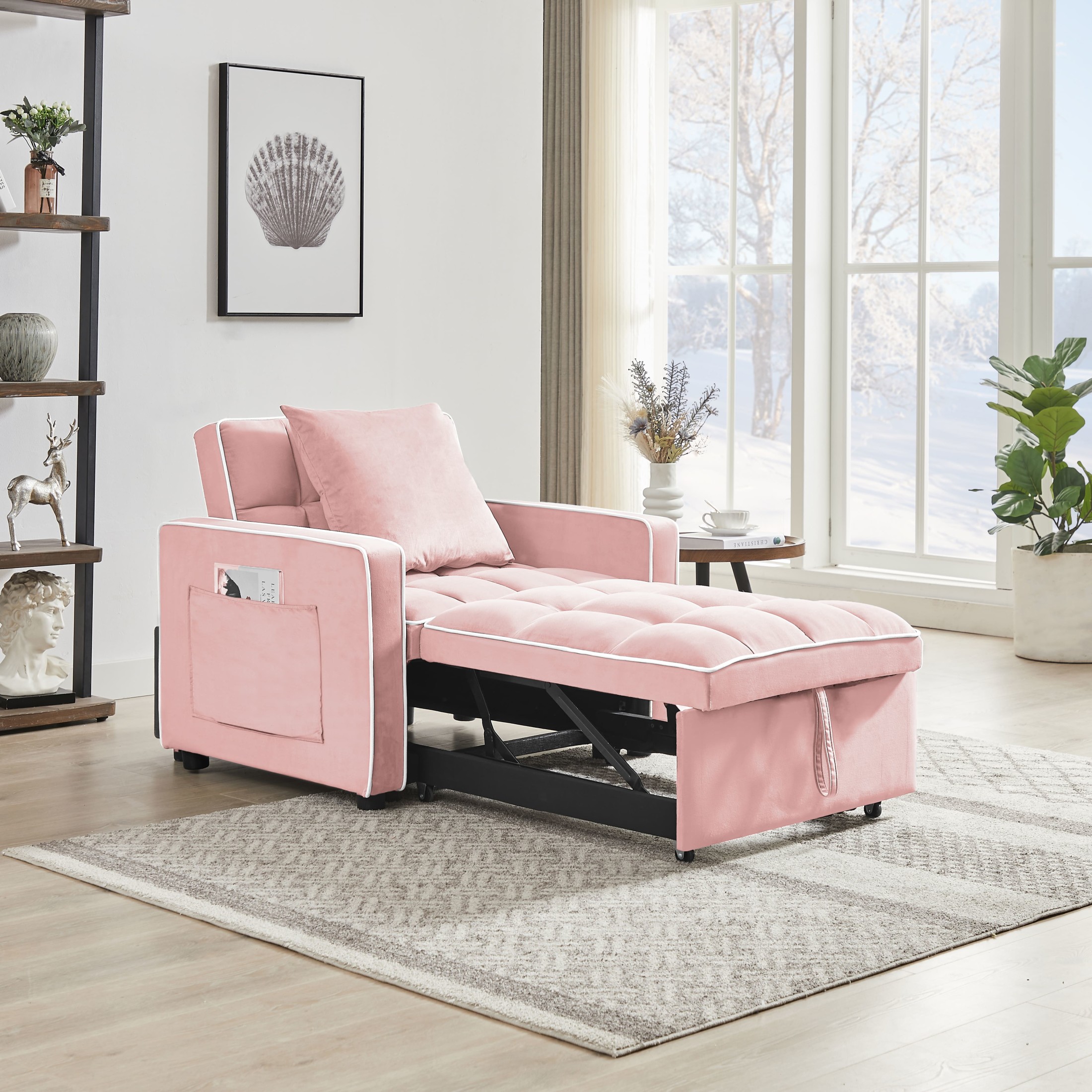 Noble House 35.43" Velvet 3-in-1 Sofa Bed Chair, Modern Adjustable Tufted Single Sleeper, for Small Space, Pink