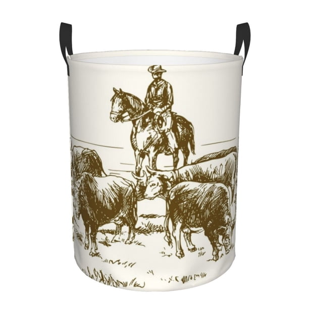 Balery Cattle Drive By Two Cowboys Cesta de ropa redonda con asas, impermeable, independiente, para ropa, juguetes, dormitorio y familia-Medium