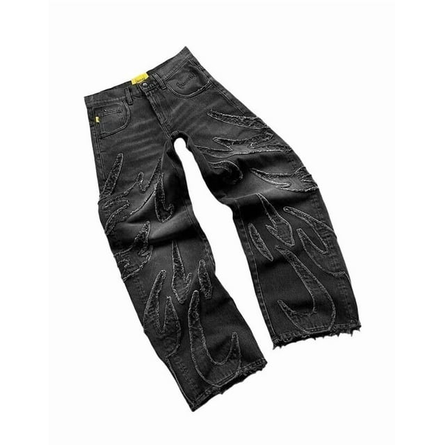 Pantalones vaqueros unisex estilo hip-hop gótico urbano de talle alto y corte holgado con diseños rasgados y bordados for hombre y mujer