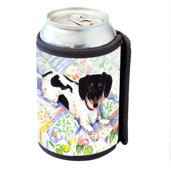 KuzmarK Insulated Drink Can Cooler Hugger - Tricolor Miniature Dachshund Art by Denise Every