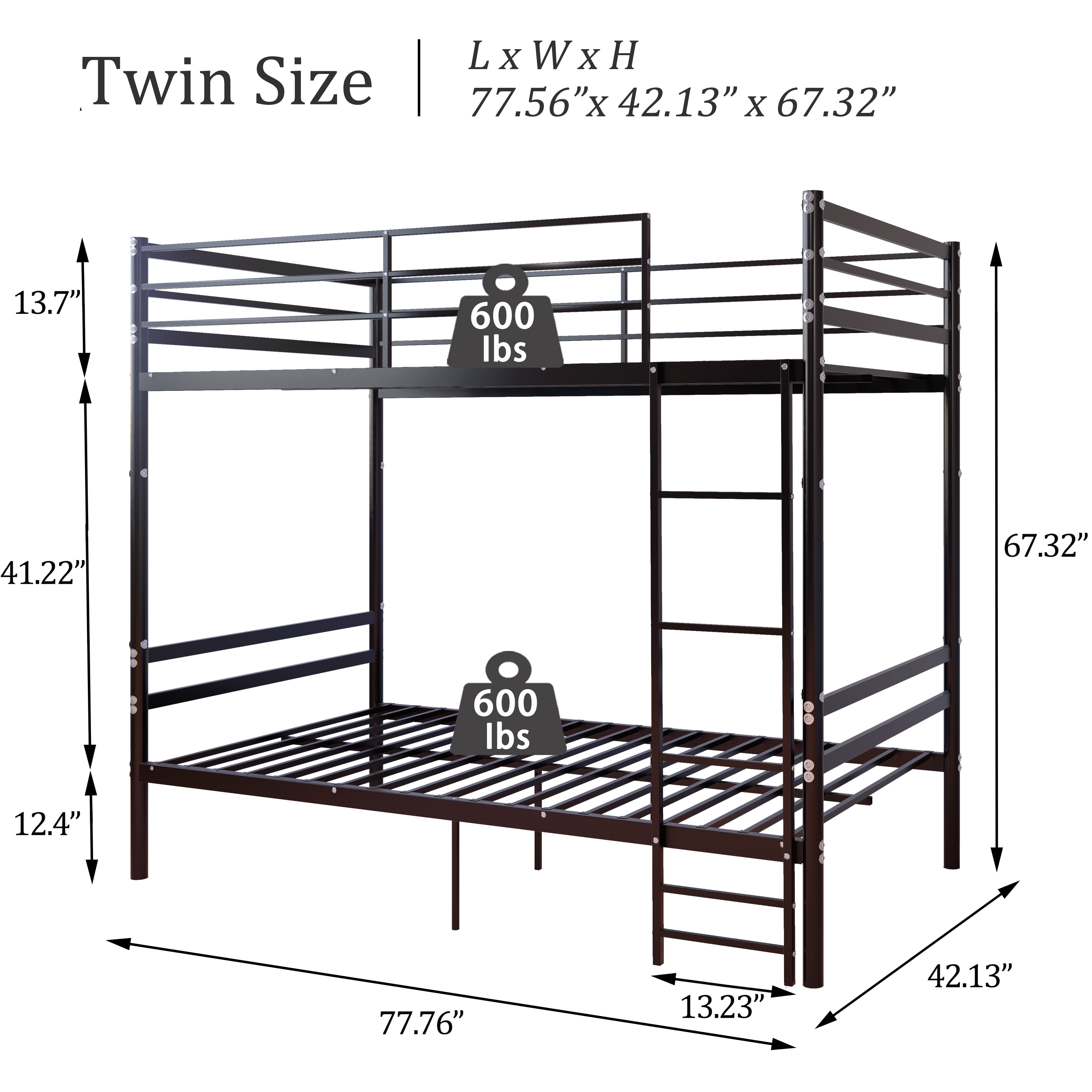 Leumius Twin Over Twin Metal Bunk Bed with 13.7 Inch High Safety Guardrail & Sturdy Ladder,Converts to 2 Beds,No Box Spring Needed,Black