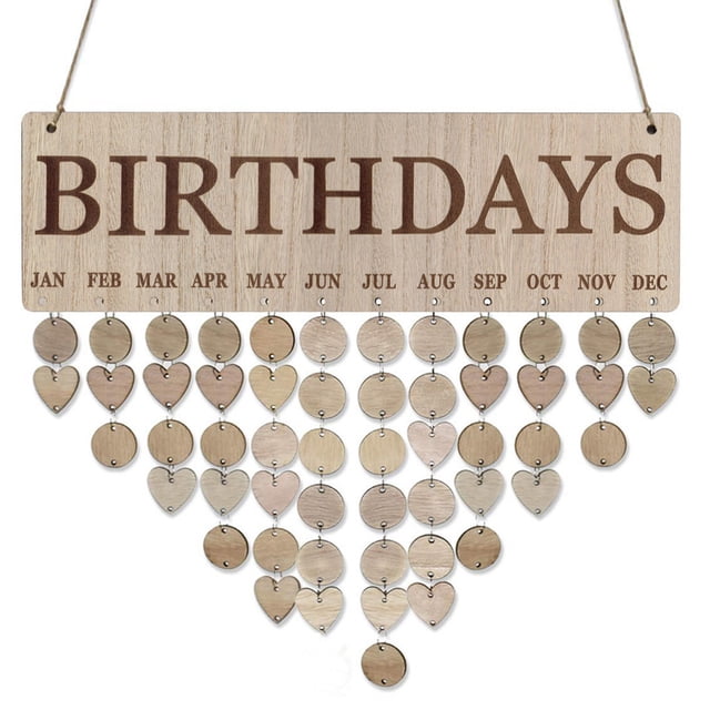 Xihbxyly Calendario de Cumpleaños de Madera, Decoración para Fiestas Diy, Placa de Pared Personalizable, Corazón y Virutas de Madera Redondas, Regalo de Cumpleaños, Boda y Aniversario, Tablero de 40