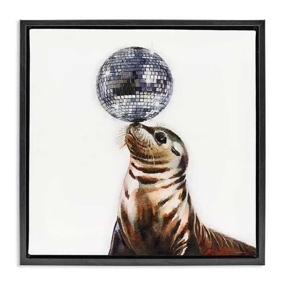 Stupell Industries Seal Balancing Disco Ball Animals Painting Black Floater Framed Canvas Art Print Wall Art, 18 x 18