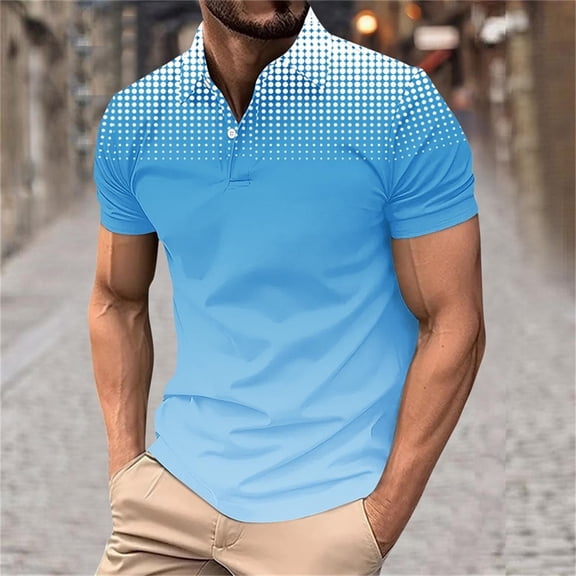 Summer Mens Clothes Gradient Polka Print Casual Sport Button Short Sleeve Turndown Collar Gym Workout Athletic Tee Shirt - Sky Blue∣2XL