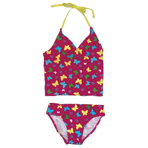 Girls Pink & Yellow Butterfly Tankini 2 Piece Bathing Suit Swim Set Swimwear L