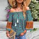 thumbnail image 1 of Women Blouse, Floral Print Ethnic Style Loose Fitting Elegant Off Shoulder Top For Daily Wear, 1 of 6