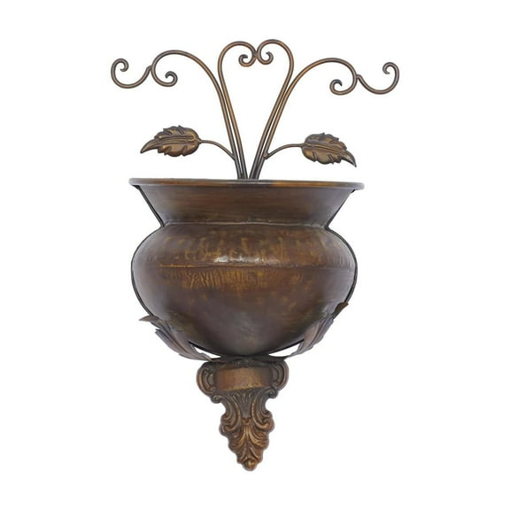 DecMode 11" x 6" x 18" Round Brown Metal Scroll Wall Planter