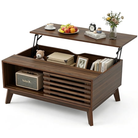 Lift-Top Coffee Table with Storage – Mid-Century Modern, Hidden Compartment & Sliding Door, 35.4", Walnut