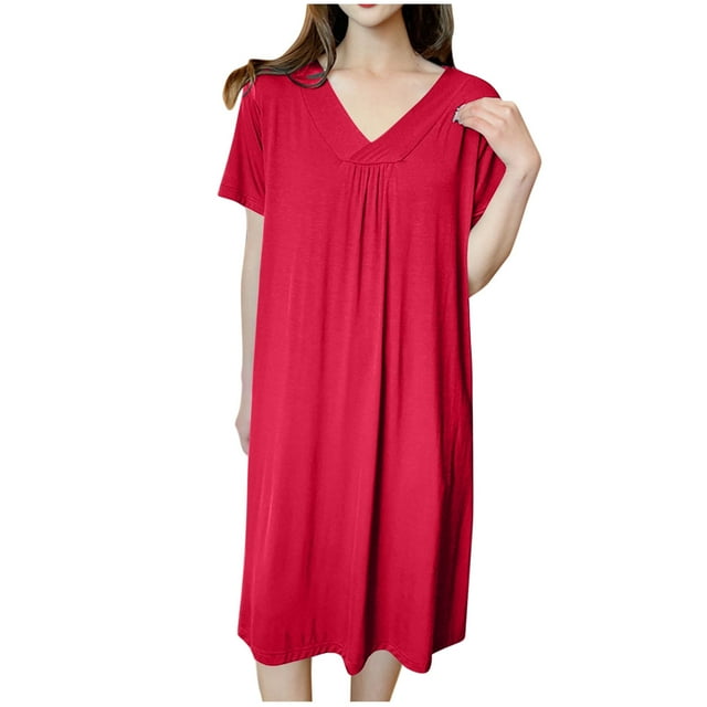 Timegard Chemises de Nuit pour Femmes Col en V Froncé Mi-Longue Robe de Maison avec Soutien-Gorge Intégré Pyjamas Vêtements de Détente
