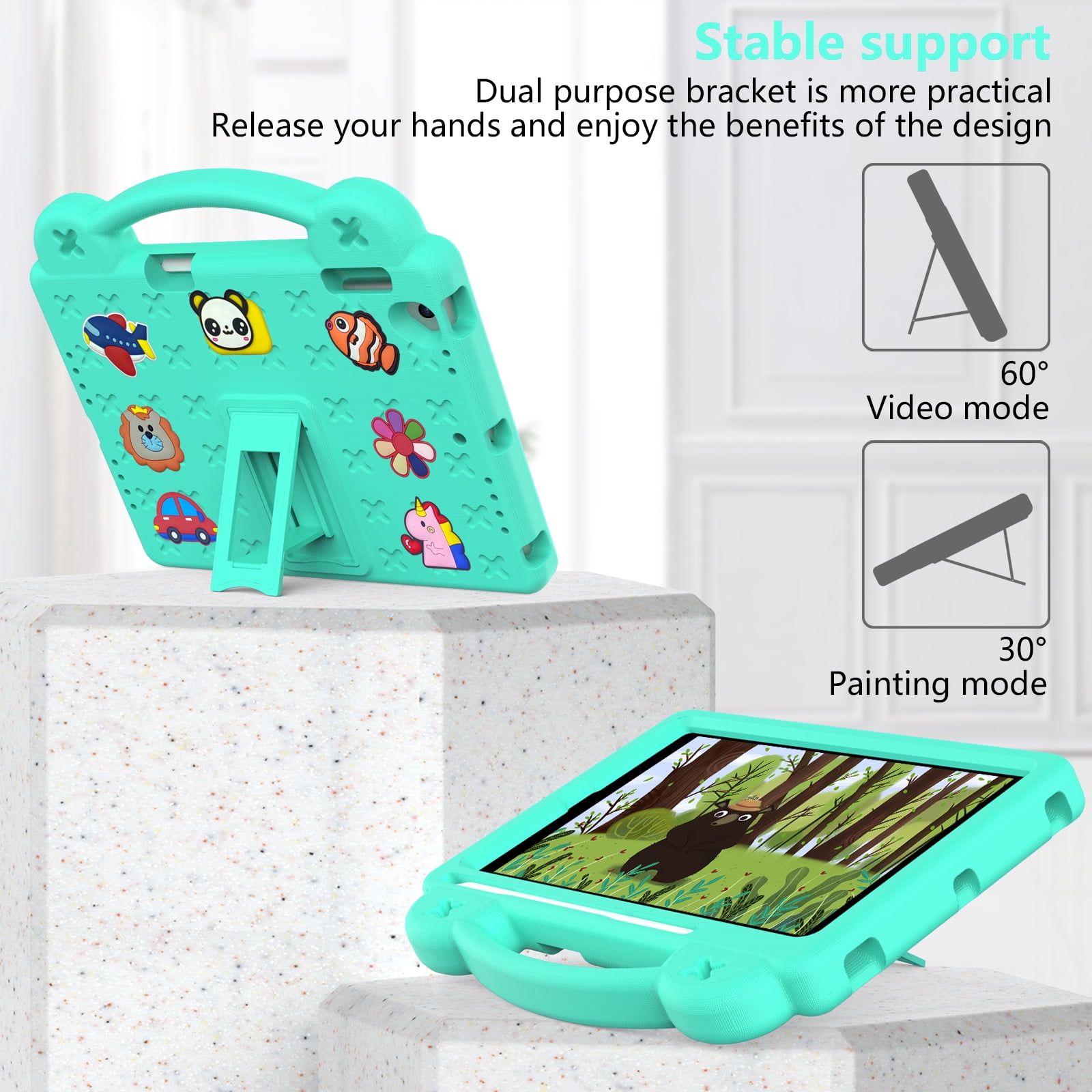 ELEHOLD Kids Case for iPad 6th/5th Gen/Pro (2018/2017/2016) 9.7 inch, EVA Foam Cute Cartoon Case with Built-in Kickstand Pencil Holder Shockproof Portable Case for iPad 9.7"/iPad Air/Air 2,Mintgreen