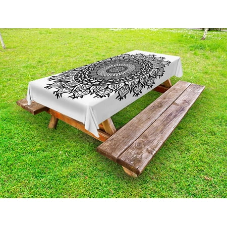 

Lotus Outdoor Tablecloth Arabesque Mandala with Flower Effects Oriental Folk Boho Sacred Artful Illustration Decorative Washable Fabric Picnic Tablecloth 58 X 120 Inches Black White by Ambesonne