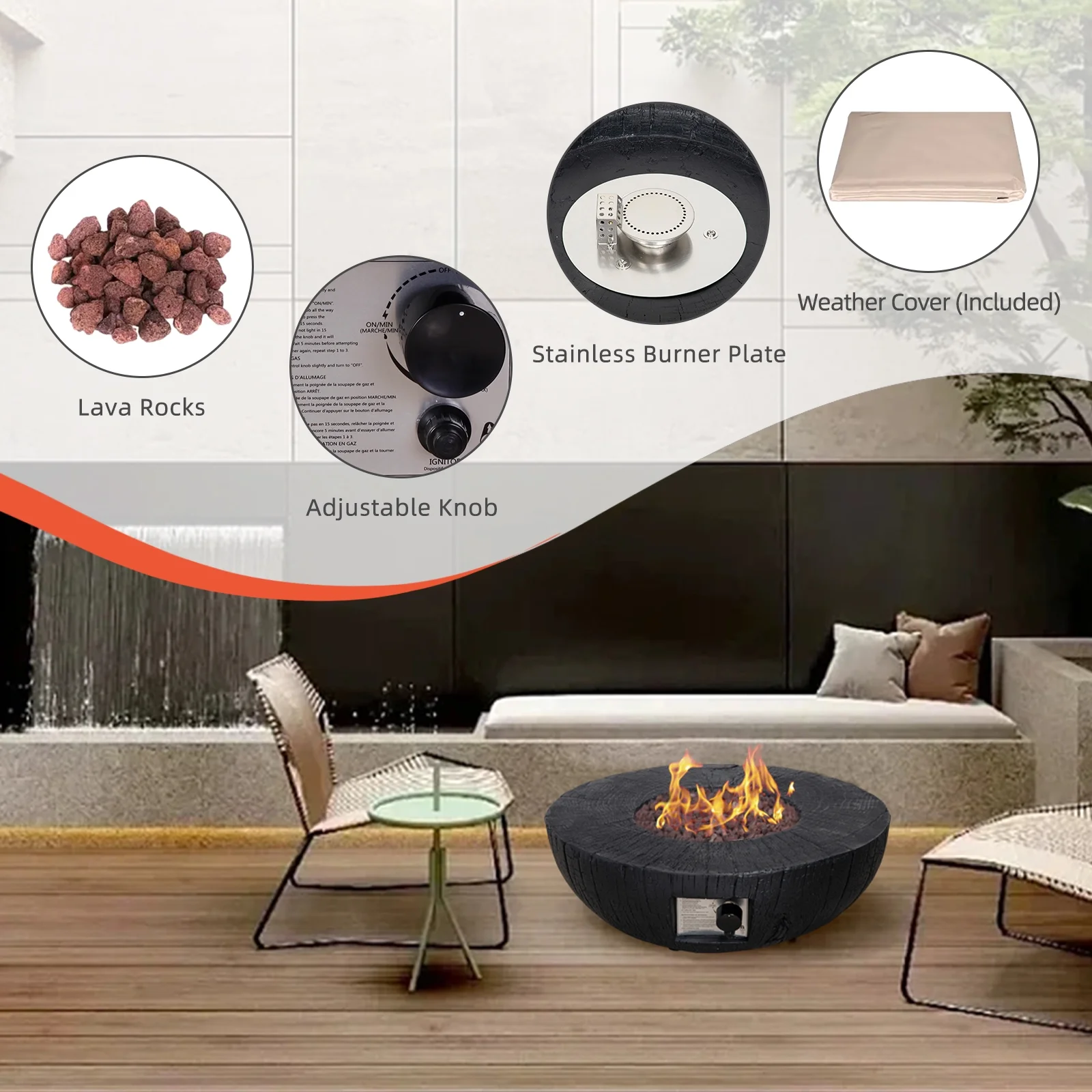 Afterglow TerraFab 28" Round 30,000 Btu Propane Fire Bowl Fire Pit for Outdoor Patio Garden Backyard Decking Decor CSA Certificated, Black