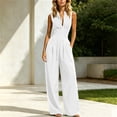 thumbnail image 5 of Women's Sleeveless Jumpsuit, Turndown Collar V-Neck With Pockets, Fashion One-Piece Pants For Office & Casual Outings White XL, 5 of 7